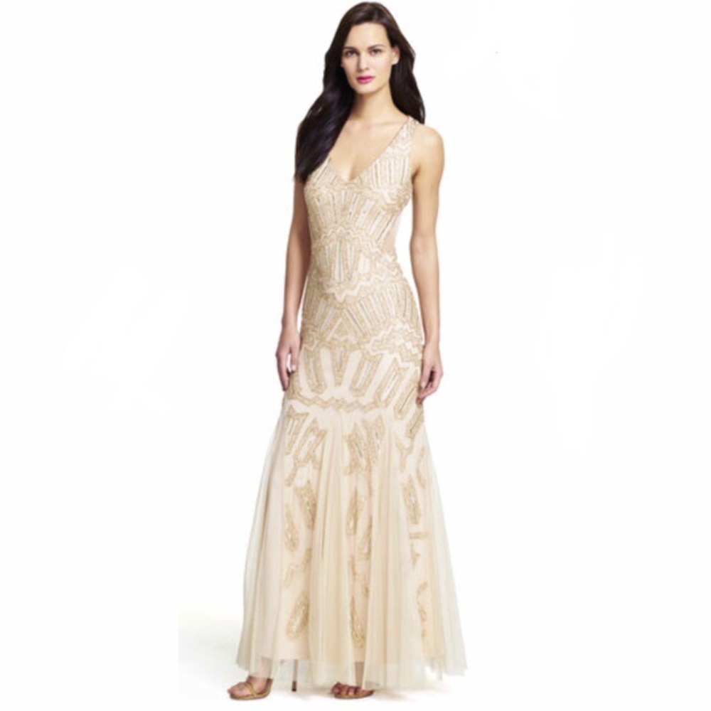Adrianna Papell Long Beaded Gown with Cutout Sides